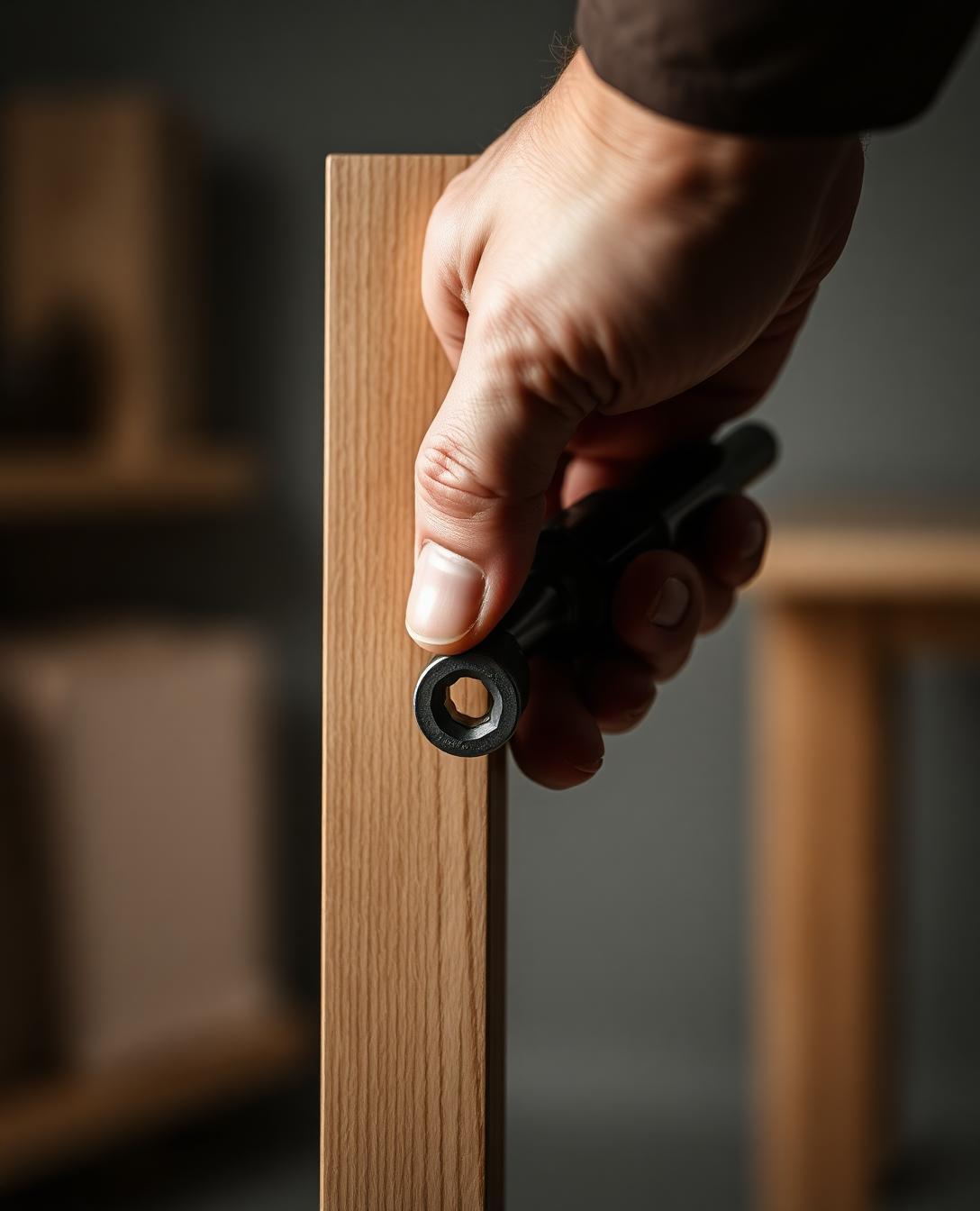 Professional hand tightening a bolt on an oak furniture joint with an allen key